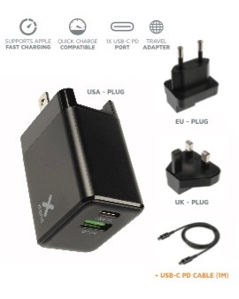 XA021: Cargador de corriente 1xUSB-C PD 18W + USB QC3.0 18W + cable trenzado USB-C a USB-C de 1m. (ref. CX2071) .