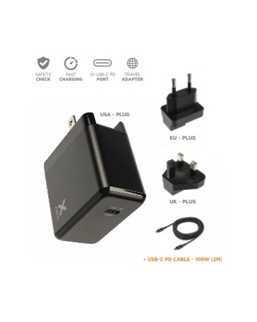 XA031: Cargador de corriente 1xUSB-C PD 65W + cable USB-C a USB-C de 2m (ref. CX2081) . Incluye adaptadores EU y UK.